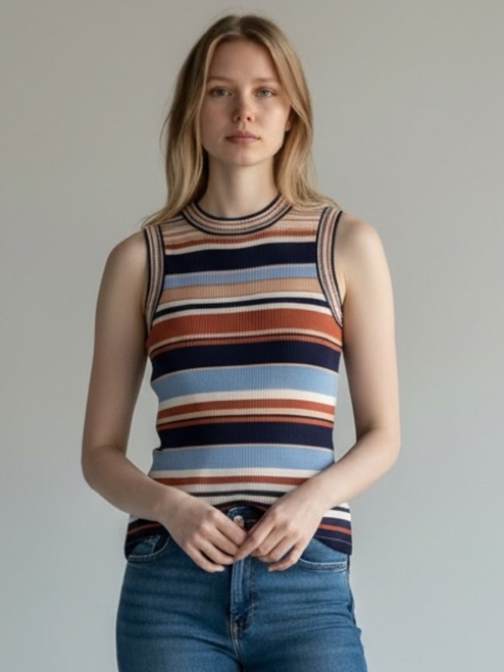 Striped Sleeveless Ribbed Tank Top in Blue, Navy & Brown